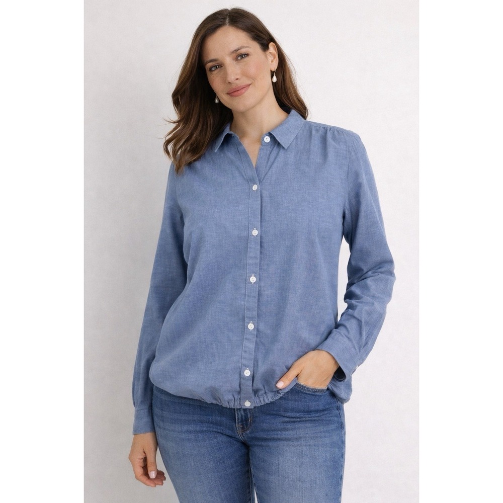 Ann Taylor‎ LOFT Button-up Blouson Shirt MEDIUM Blue Lightweight Cotton Top